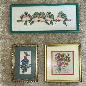 Framed Bird and Floral Cross-Stitch Art Set